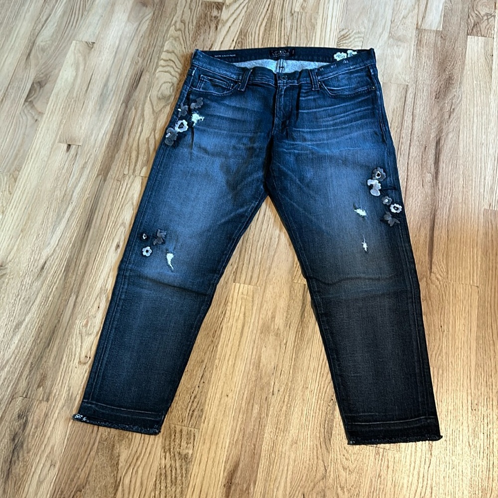 Lucky brand, black, distressed, embroidered jeans, cropped.
